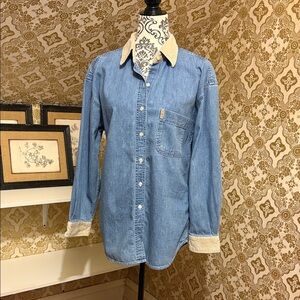 Vintage Light Blue Denim Button-Down with Tan Corduroy Collar